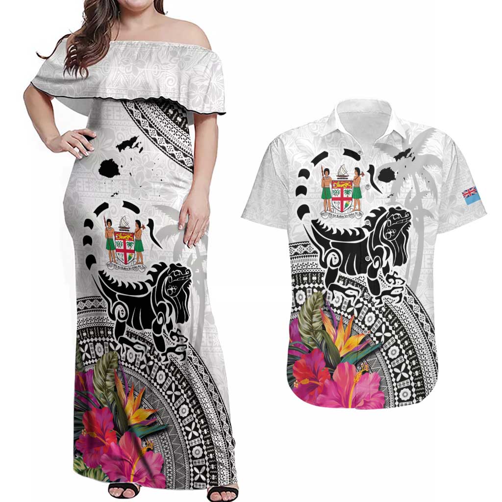 Fiji Iguana Couples Matching Off Shoulder Maxi Dress and Hawaiian Shirt Tapa Tribal Tattoo and Hibiscus