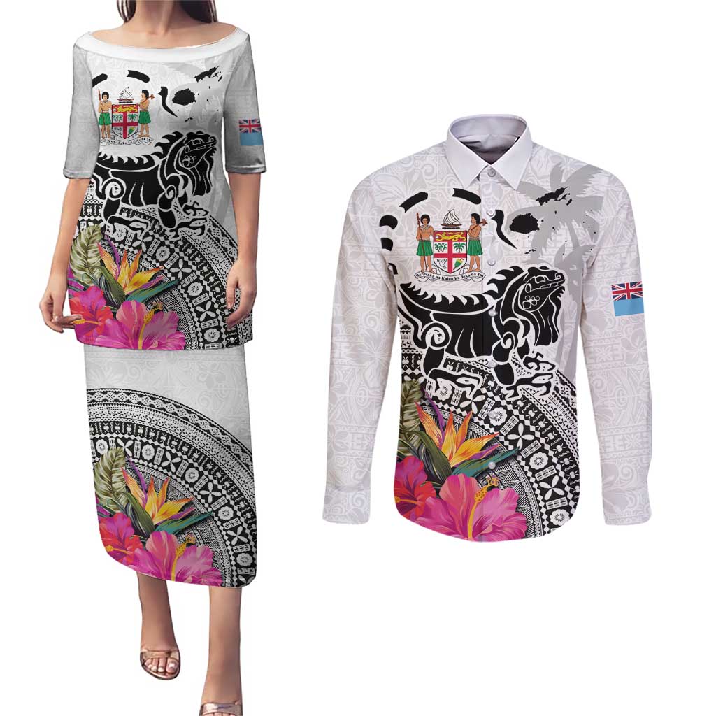 Fiji Iguana Couples Matching Puletasi and Long Sleeve Button Shirt Tapa Tribal Tattoo and Hibiscus