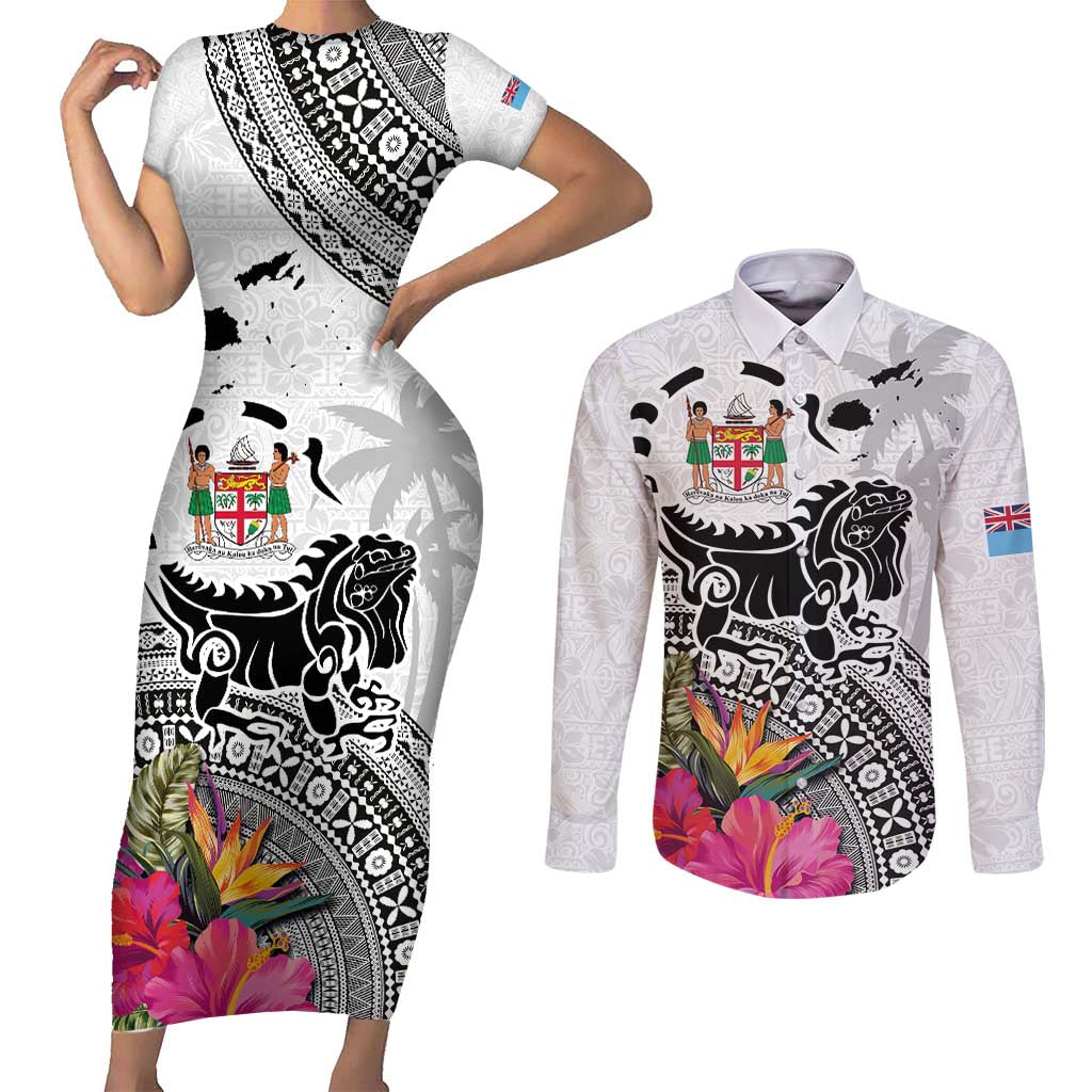 Fiji Iguana Couples Matching Short Sleeve Bodycon Dress and Long Sleeve Button Shirt Tapa Tribal Tattoo and Hibiscus LT03 White - Polynesian Pride