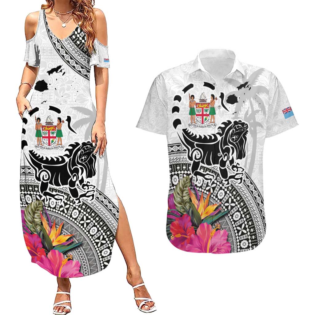 Fiji Iguana Couples Matching Summer Maxi Dress and Hawaiian Shirt Tapa Tribal Tattoo and Hibiscus