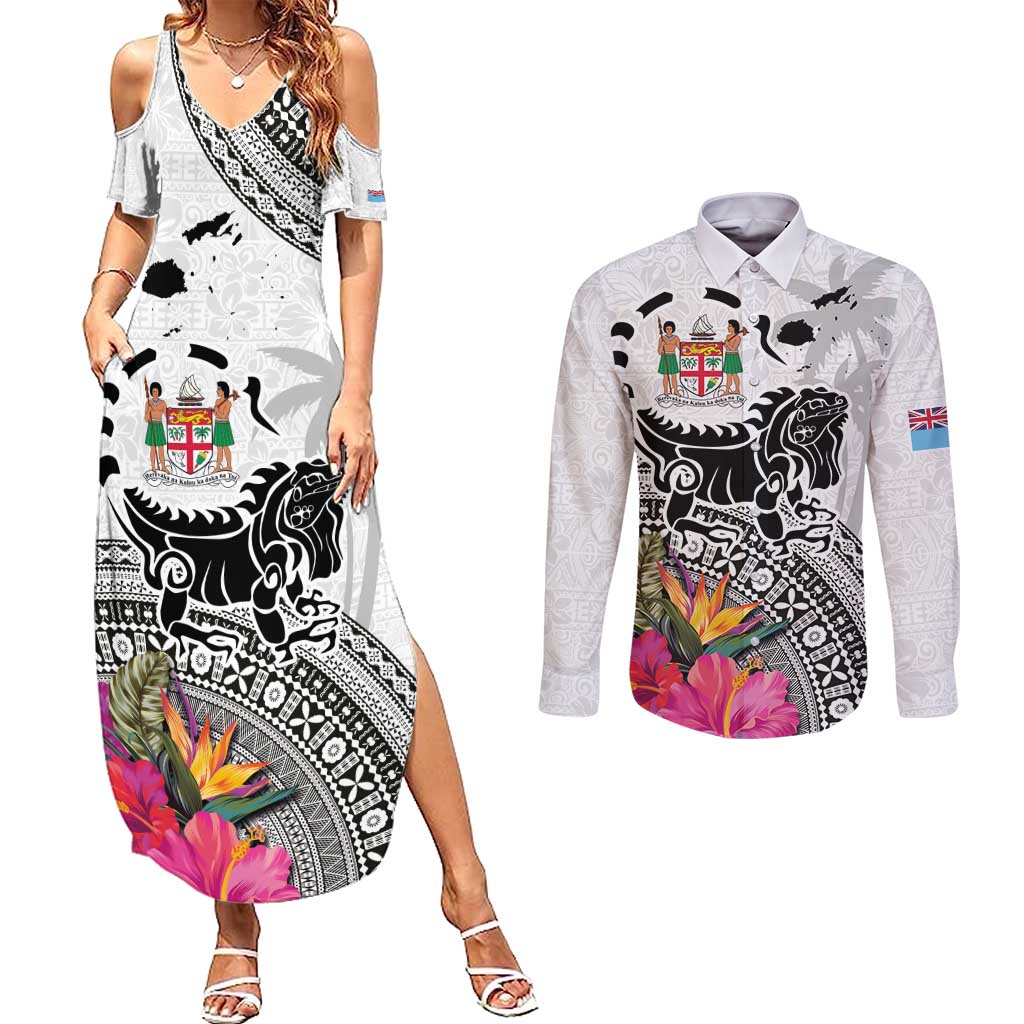 Fiji Iguana Couples Matching Summer Maxi Dress and Long Sleeve Button Shirt Tapa Tribal Tattoo and Hibiscus LT03 White - Polynesian Pride