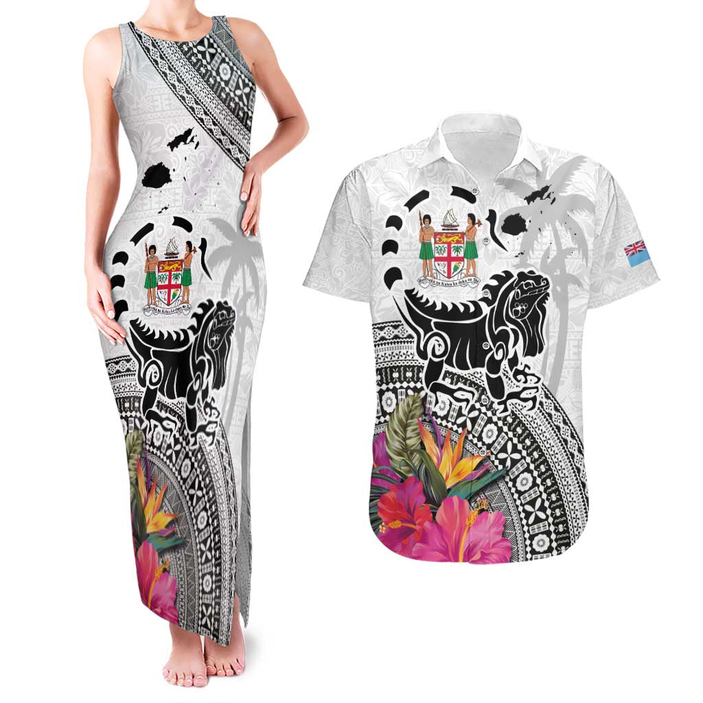 Fiji Iguana Couples Matching Tank Maxi Dress and Hawaiian Shirt Tapa Tribal Tattoo and Hibiscus