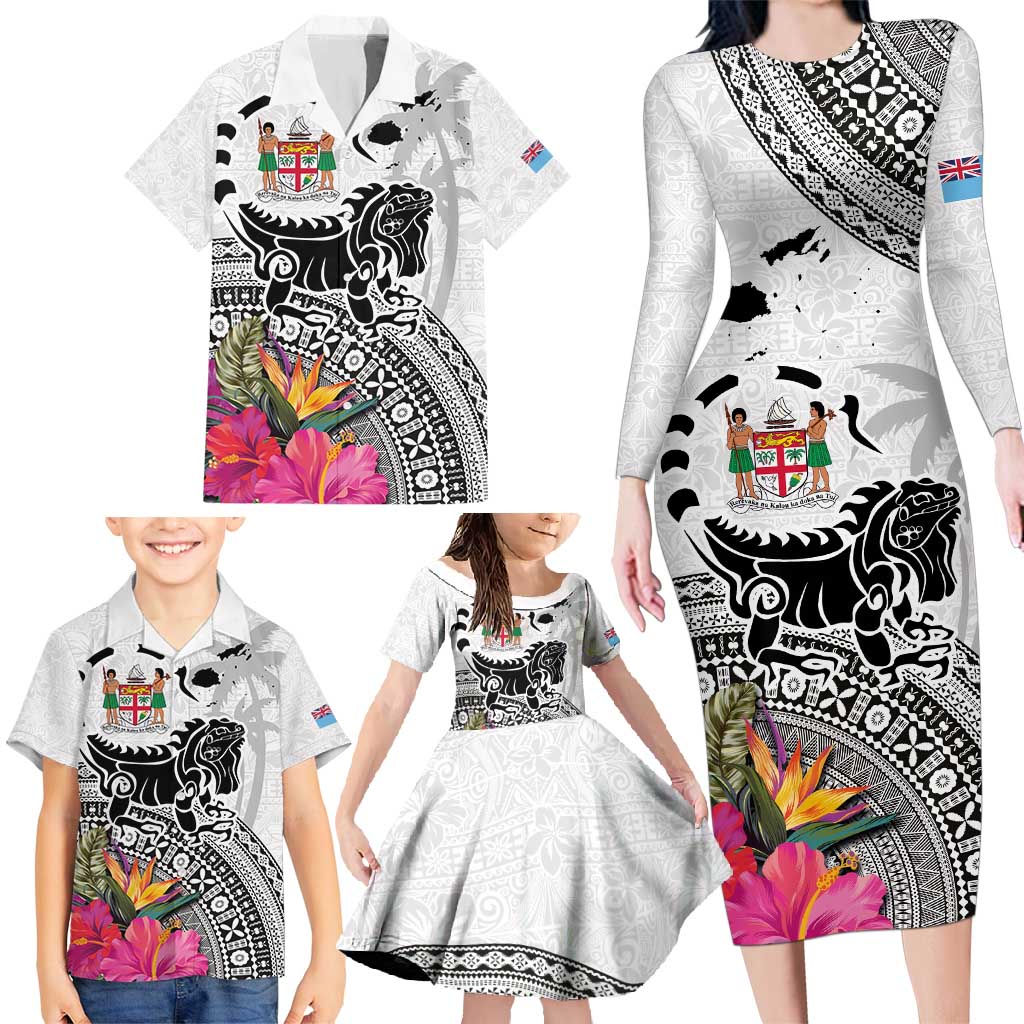 Fiji Iguana Family Matching Long Sleeve Bodycon Dress and Hawaiian Shirt Tapa Tribal Tattoo and Hibiscus