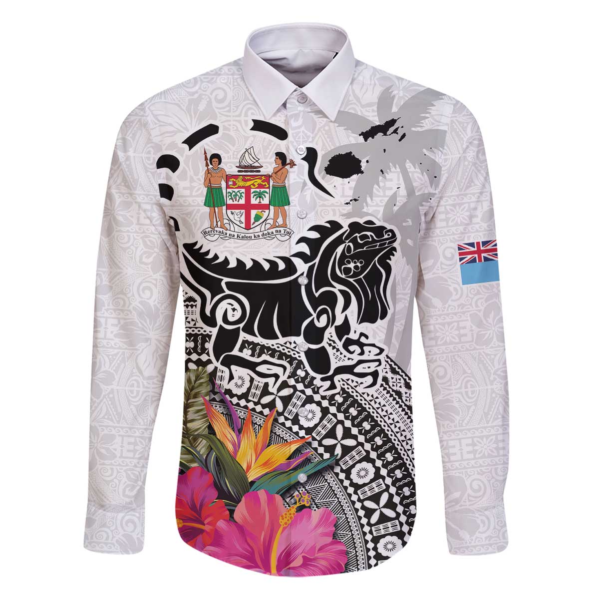 Fiji Iguana Family Matching Off The Shoulder Long Sleeve Dress and Hawaiian Shirt Tapa Tribal Tattoo and Hibiscus