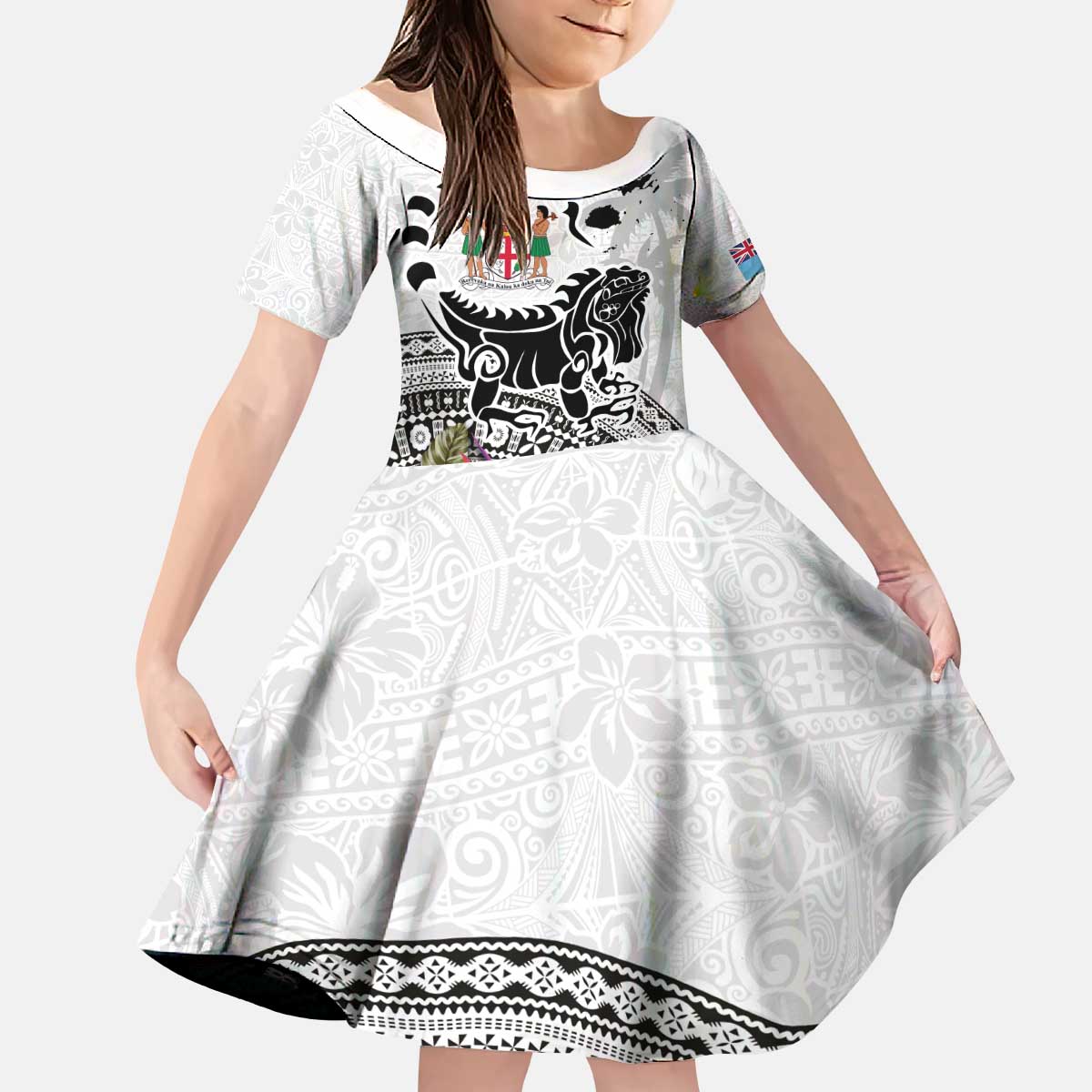 Fiji Iguana Kid Short Sleeve Dress Tapa Tribal Tattoo and Hibiscus