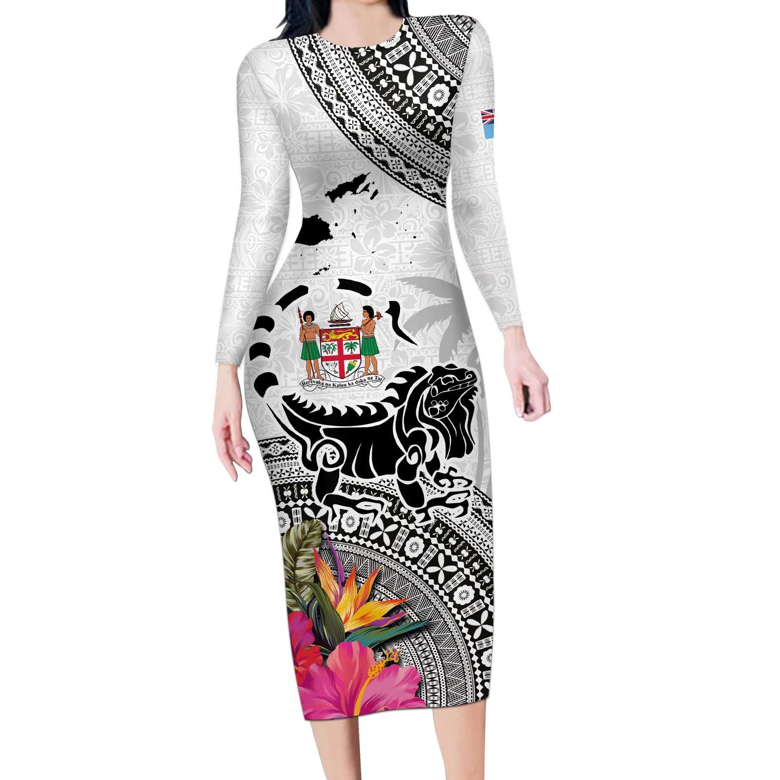 Fiji Iguana Long Sleeve Bodycon Dress Tapa Tribal Tattoo and Hibiscus