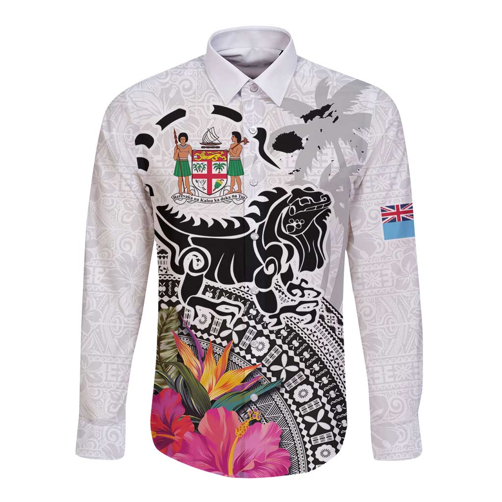 Fiji Iguana Long Sleeve Button Shirt Tapa Tribal Tattoo and Hibiscus LT03 Unisex White - Polynesian Pride