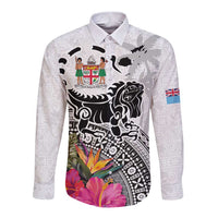 Fiji Iguana Long Sleeve Button Shirt Tapa Tribal Tattoo and Hibiscus LT03 Unisex White - Polynesian Pride