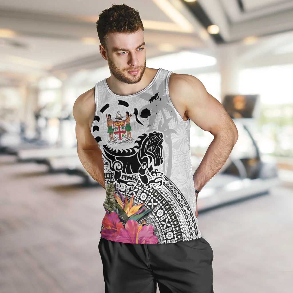 Fiji Iguana Men Tank Top Tapa Tribal Tattoo and Hibiscus LT03 White - Polynesian Pride