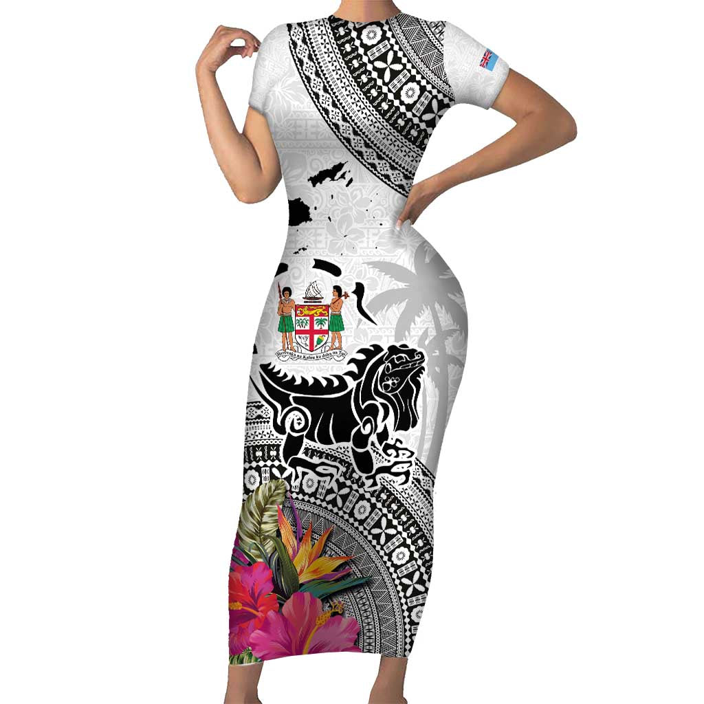 Fiji Iguana Short Sleeve Bodycon Dress Tapa Tribal Tattoo and Hibiscus