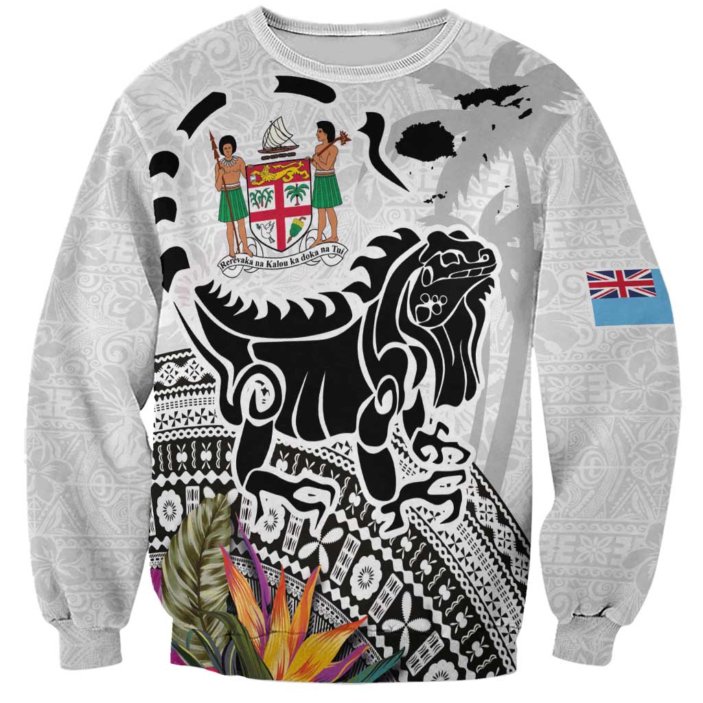 Fiji Iguana Sweatshirt Tapa Tribal Tattoo and Hibiscus LT03 Unisex White - Polynesian Pride