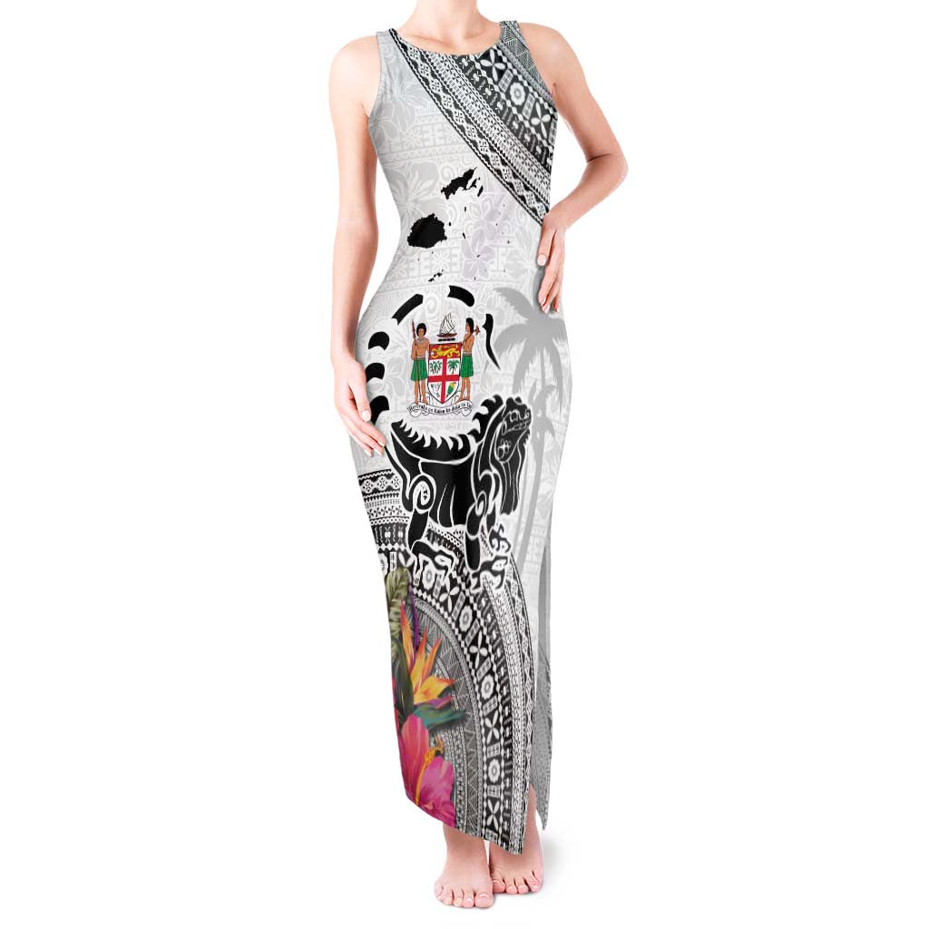 Fiji Iguana Tank Maxi Dress Tapa Tribal Tattoo and Hibiscus LT03 Women White - Polynesian Pride