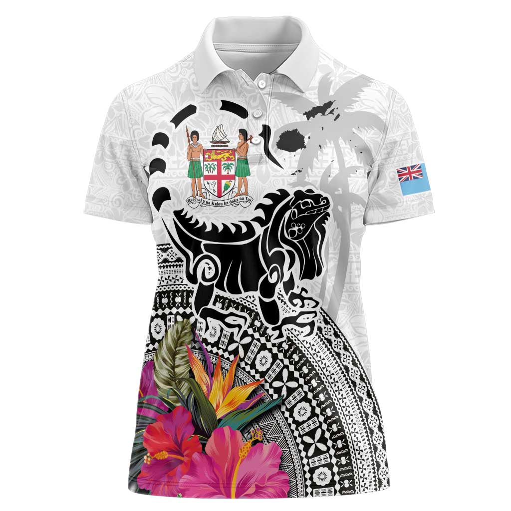 Fiji Iguana Women Polo Shirt Tapa Tribal Tattoo and Hibiscus