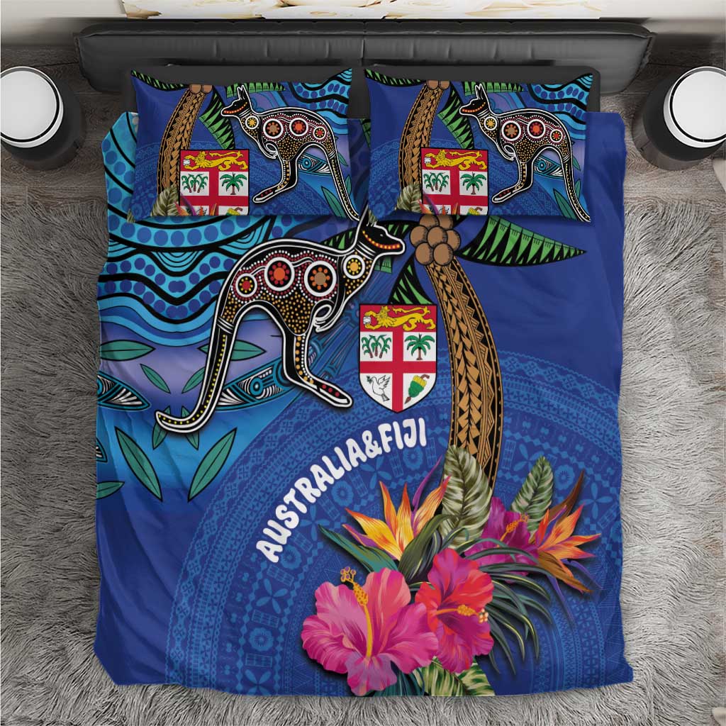 Fiji and Australia Together Bedding Set Aboriginal Kangaroo and Tapa Tribal Hibiscus