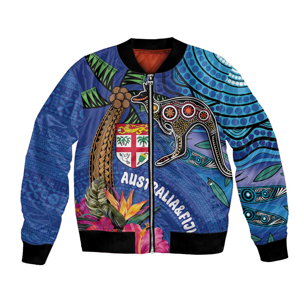 Fiji and Australia Together Bomber Jacket Aboriginal Kangaroo and Tapa Tribal Hibiscus