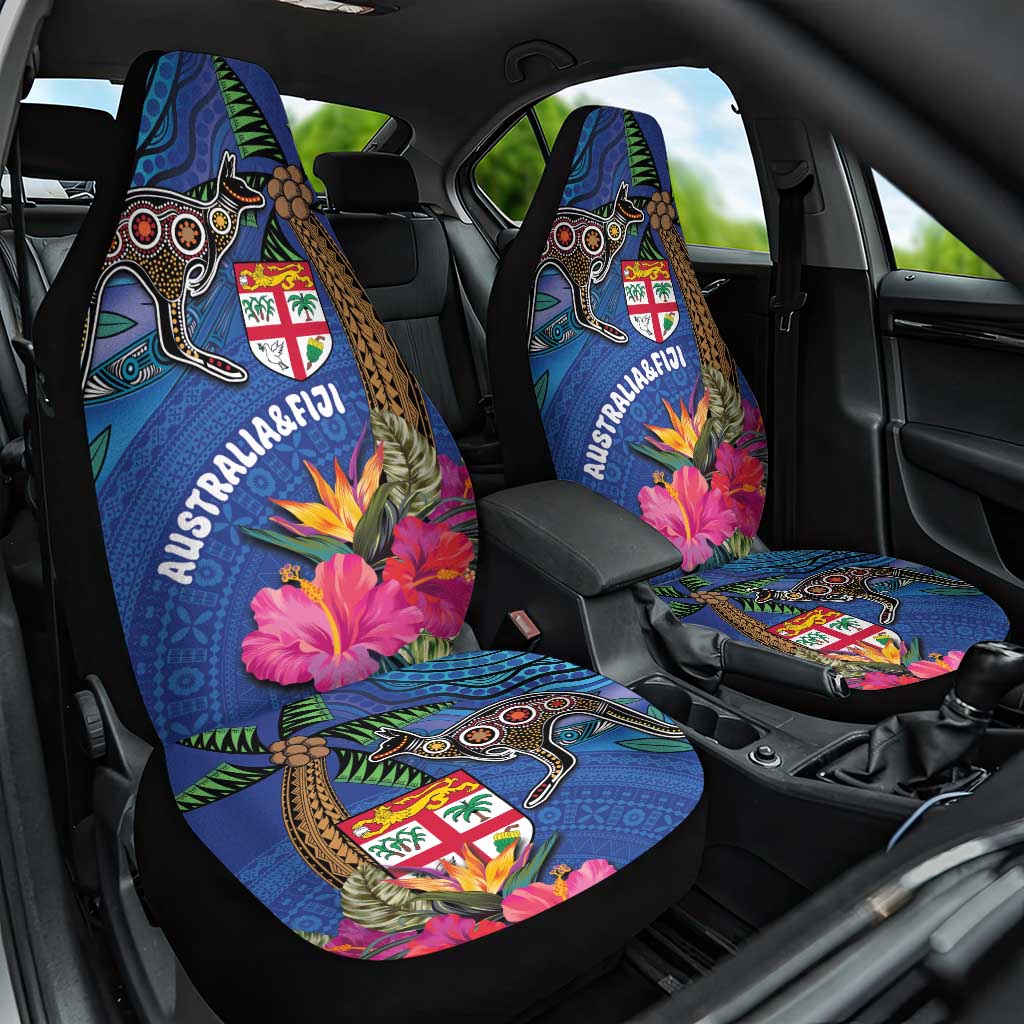 Fiji and Australia Together Car Seat Cover Aboriginal Kangaroo and Tapa Tribal Hibiscus