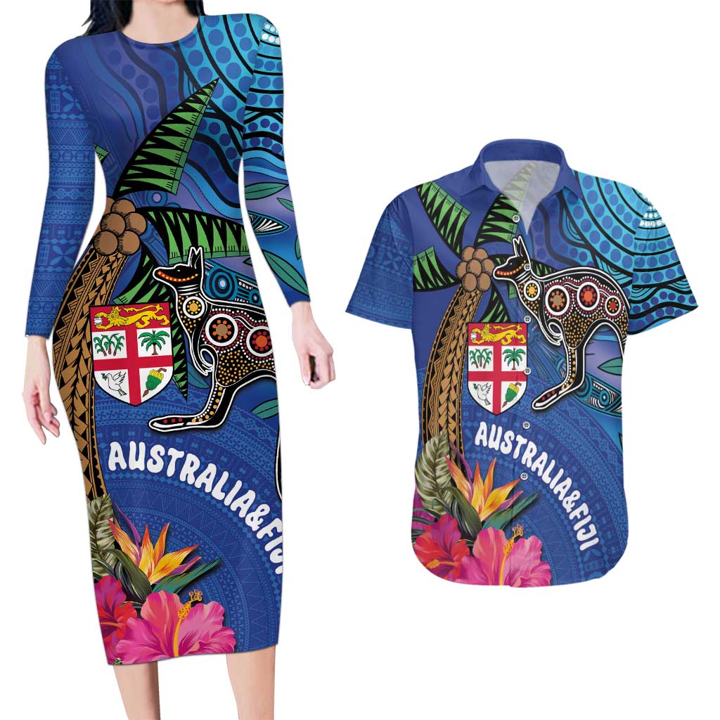 Fiji and Australia Together Couples Matching Long Sleeve Bodycon Dress and Hawaiian Shirt Aboriginal Kangaroo and Tapa Tribal Hibiscus