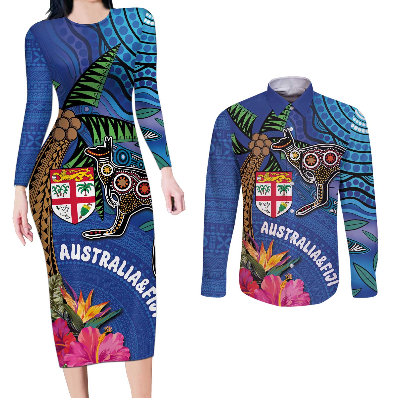 Fiji and Australia Together Couples Matching Long Sleeve Bodycon Dress and Long Sleeve Button Shirt Aboriginal Kangaroo and Tapa Tribal Hibiscus