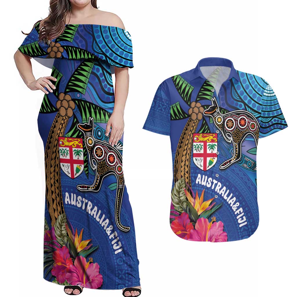 Fiji and Australia Together Couples Matching Off Shoulder Maxi Dress and Hawaiian Shirt Aboriginal Kangaroo and Tapa Tribal Hibiscus