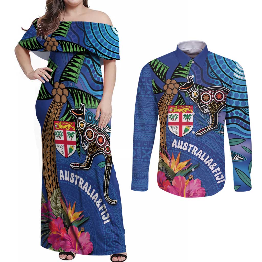 Fiji and Australia Together Couples Matching Off Shoulder Maxi Dress and Long Sleeve Button Shirt Aboriginal Kangaroo and Tapa Tribal Hibiscus