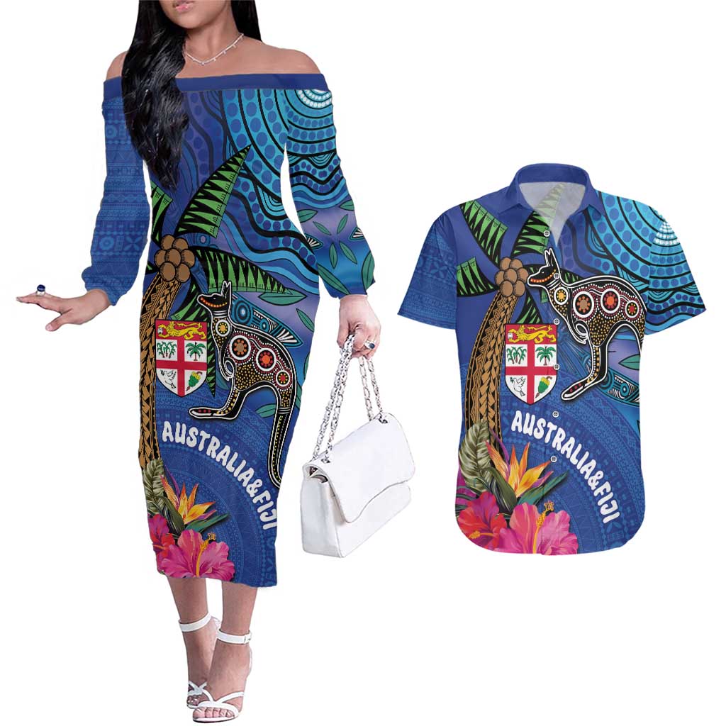 Fiji and Australia Together Couples Matching Off The Shoulder Long Sleeve Dress and Hawaiian Shirt Aboriginal Kangaroo and Tapa Tribal Hibiscus