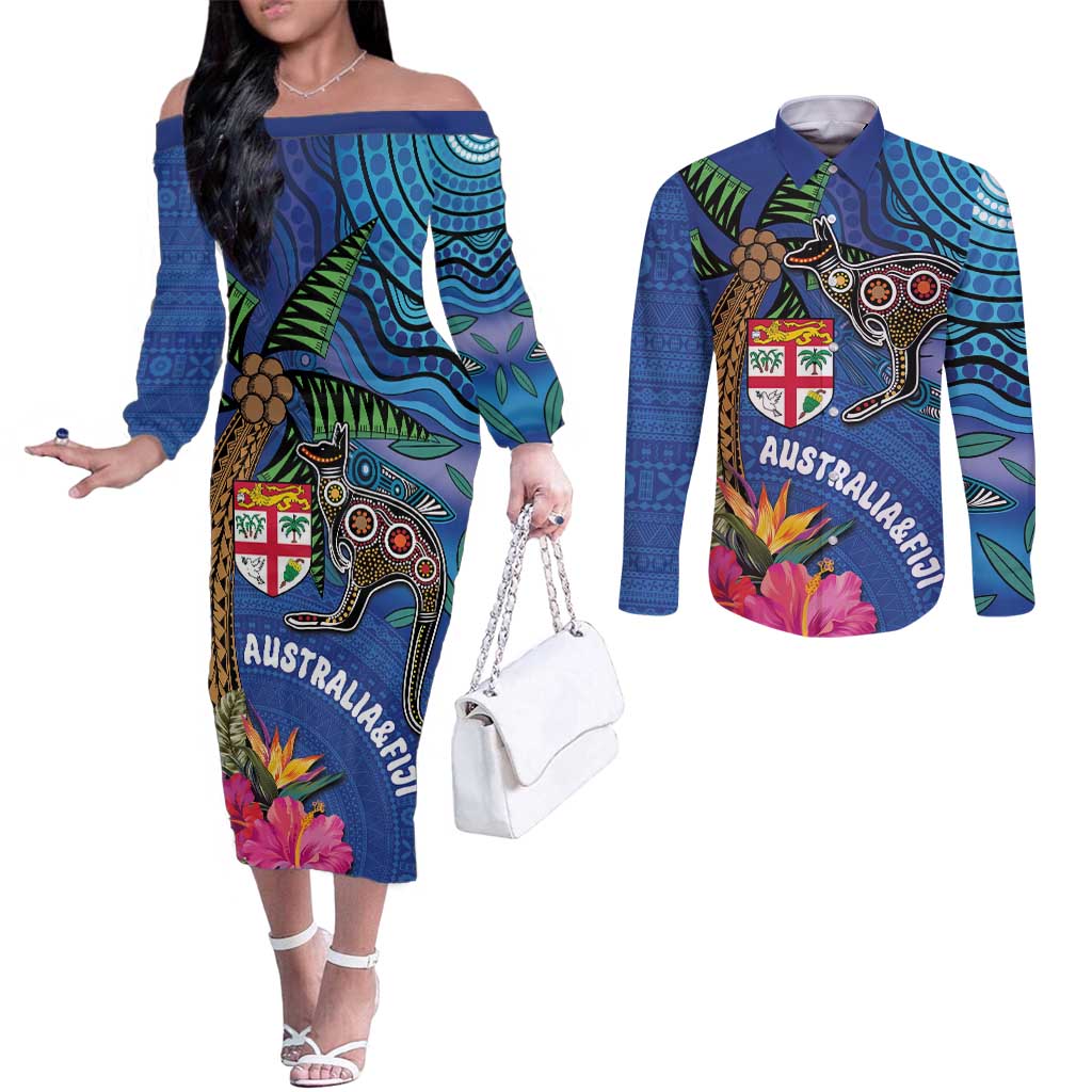 Fiji and Australia Together Couples Matching Off The Shoulder Long Sleeve Dress and Long Sleeve Button Shirt Aboriginal Kangaroo and Tapa Tribal Hibiscus