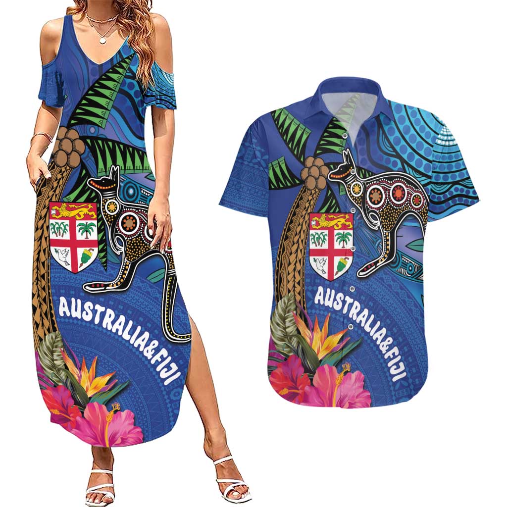 Fiji and Australia Together Couples Matching Summer Maxi Dress and Hawaiian Shirt Aboriginal Kangaroo and Tapa Tribal Hibiscus