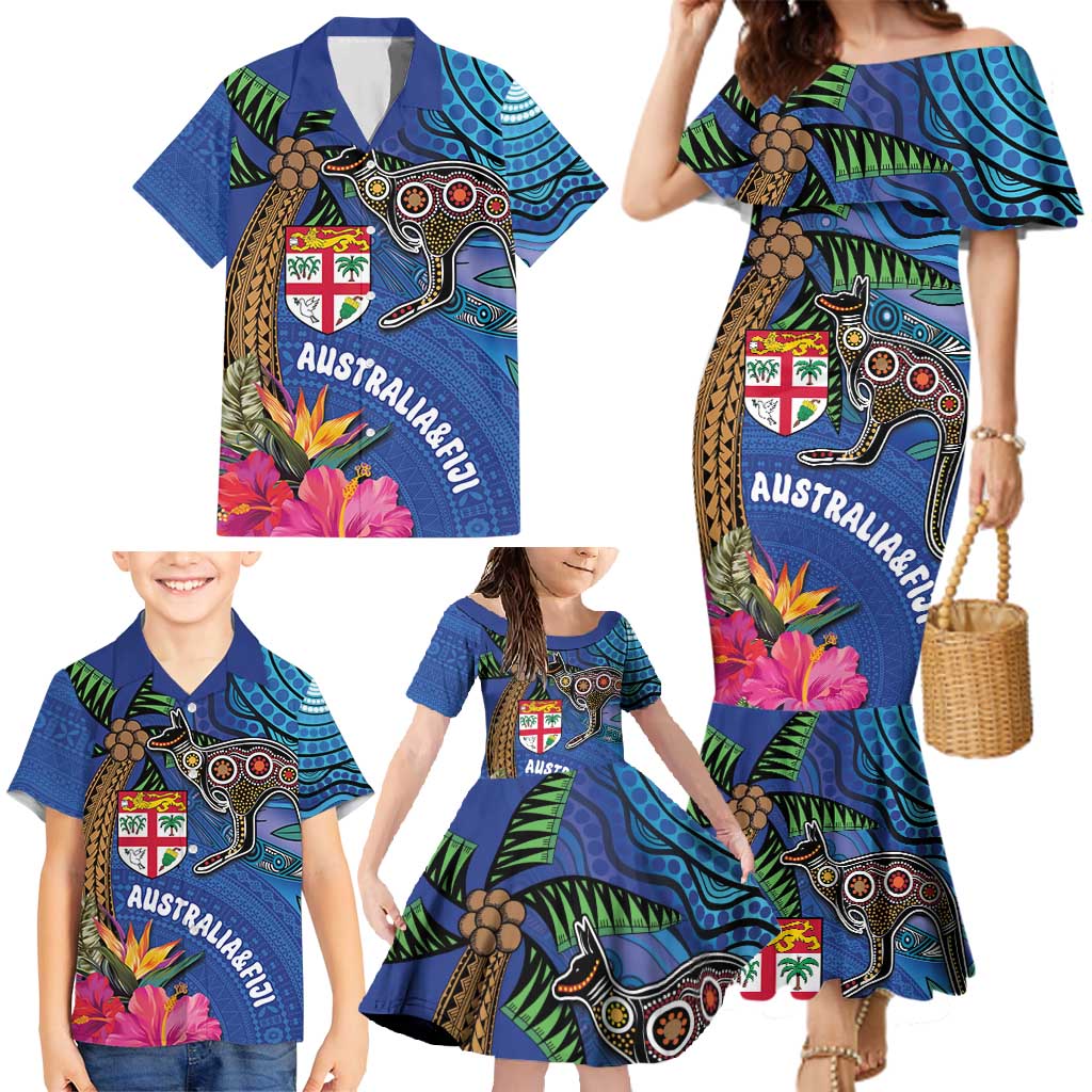 Fiji and Australia Together Family Matching Mermaid Dress and Hawaiian Shirt Aboriginal Kangaroo and Tapa Tribal Hibiscus