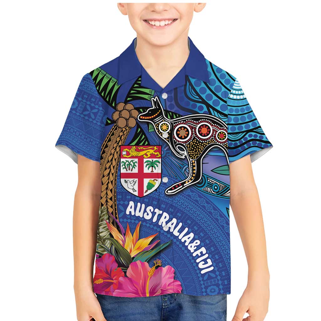 Fiji and Australia Together Family Matching Mermaid Dress and Hawaiian Shirt Aboriginal Kangaroo and Tapa Tribal Hibiscus