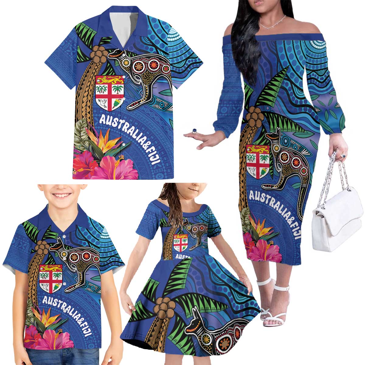 Fiji and Australia Together Family Matching Off The Shoulder Long Sleeve Dress and Hawaiian Shirt Aboriginal Kangaroo and Tapa Tribal Hibiscus