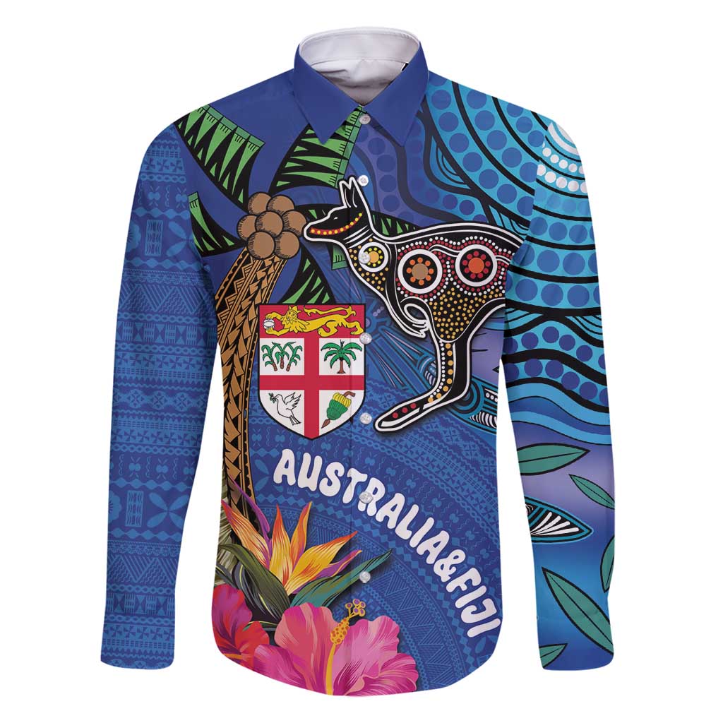 Fiji and Australia Together Family Matching Off Shoulder Maxi Dress and Hawaiian Shirt Aboriginal Kangaroo and Tapa Tribal Hibiscus