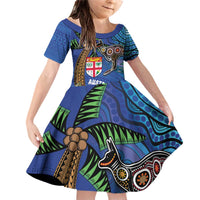 Fiji and Australia Together Family Matching Off Shoulder Short Dress and Hawaiian Shirt Aboriginal Kangaroo and Tapa Tribal Hibiscus