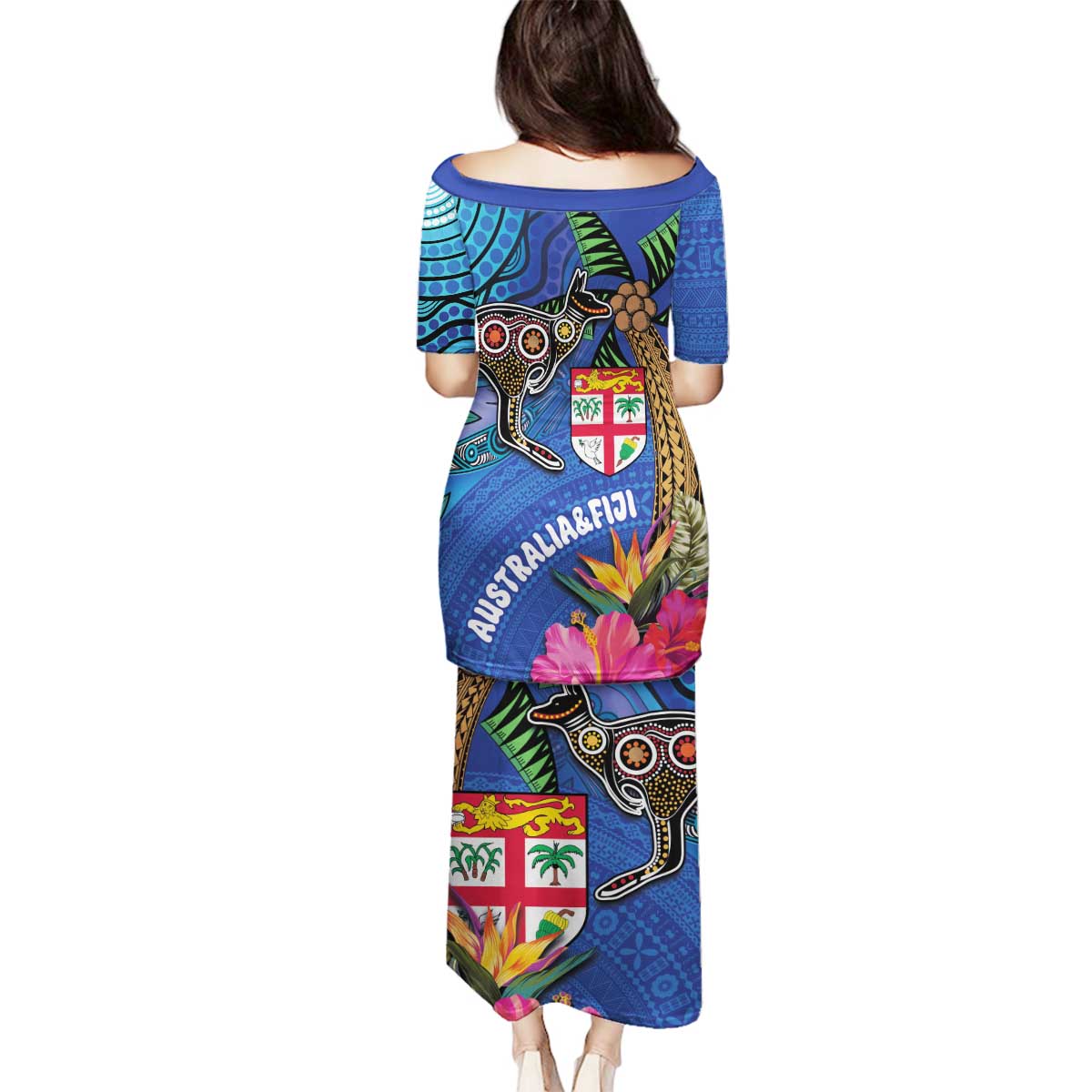 Fiji and Australia Together Family Matching Puletasi and Hawaiian Shirt Aboriginal Kangaroo and Tapa Tribal Hibiscus