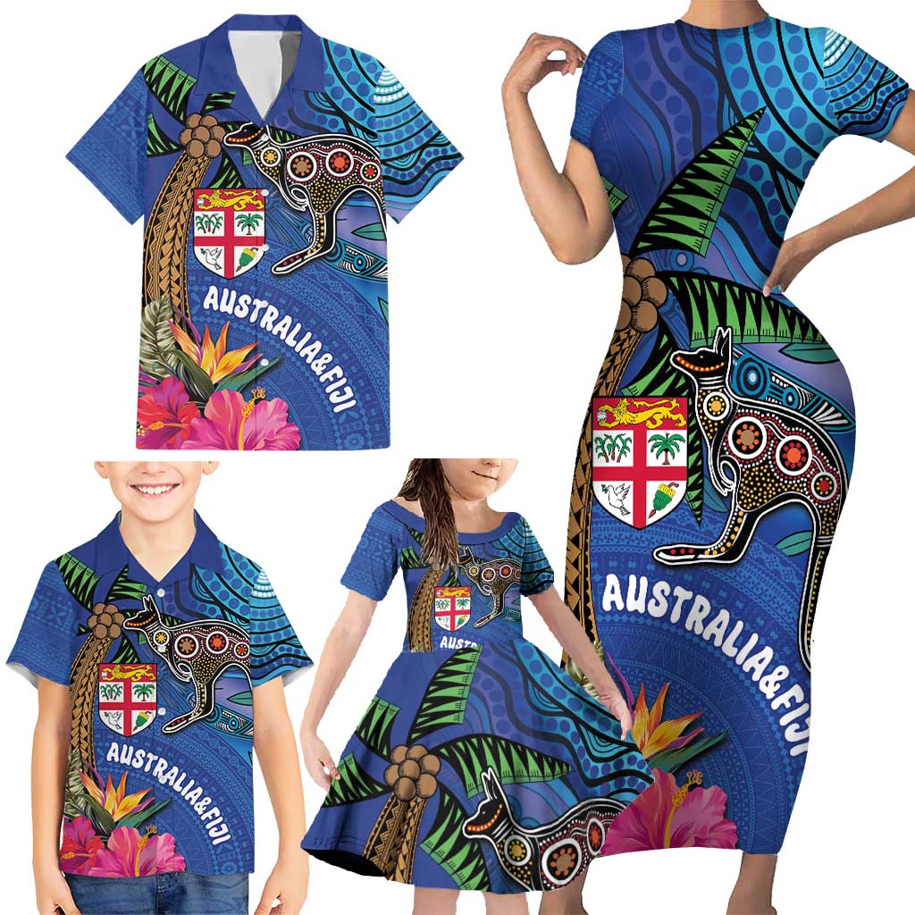 Fiji and Australia Together Family Matching Short Sleeve Bodycon Dress and Hawaiian Shirt Aboriginal Kangaroo and Tapa Tribal Hibiscus