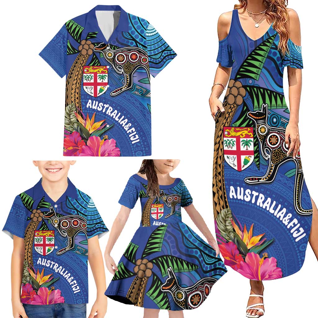 Fiji and Australia Together Family Matching Summer Maxi Dress and Hawaiian Shirt Aboriginal Kangaroo and Tapa Tribal Hibiscus