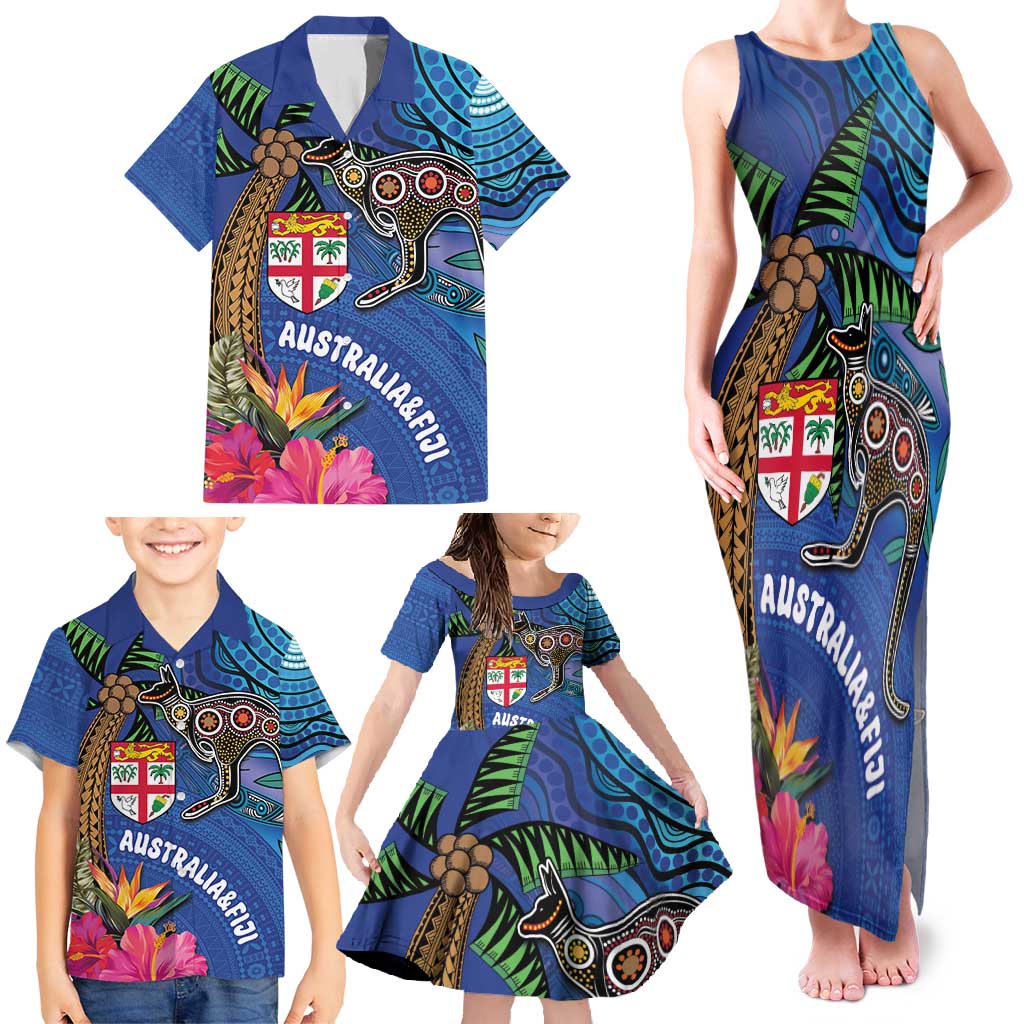 Fiji and Australia Together Family Matching Tank Maxi Dress and Hawaiian Shirt Aboriginal Kangaroo and Tapa Tribal Hibiscus