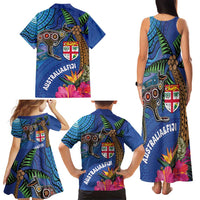 Fiji and Australia Together Family Matching Tank Maxi Dress and Hawaiian Shirt Aboriginal Kangaroo and Tapa Tribal Hibiscus