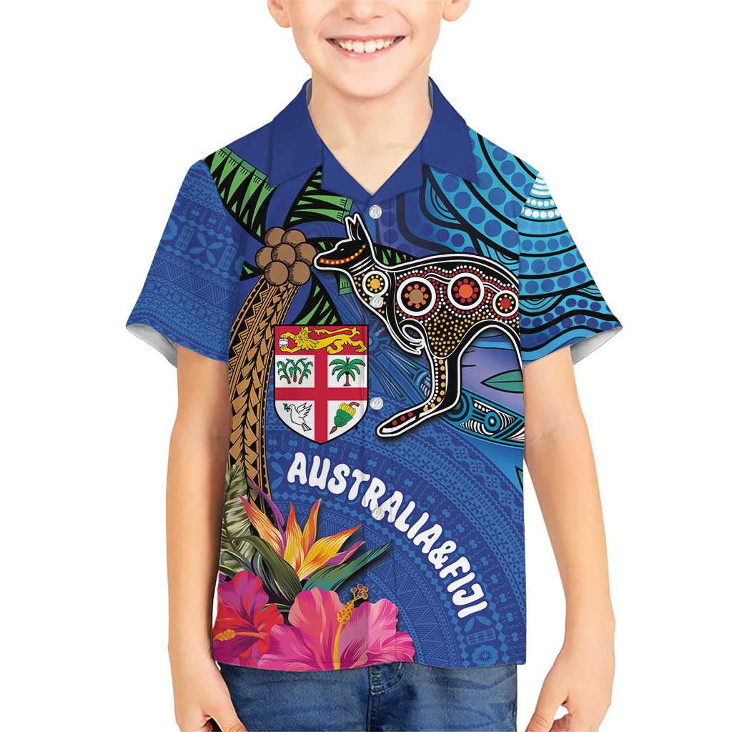 Fiji and Australia Together Kid Hawaiian Shirt Aboriginal Kangaroo and Tapa Tribal Hibiscus