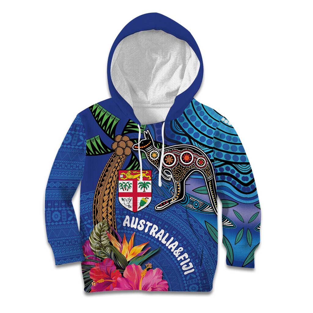 Fiji and Australia Together Kid Hoodie Aboriginal Kangaroo and Tapa Tribal Hibiscus