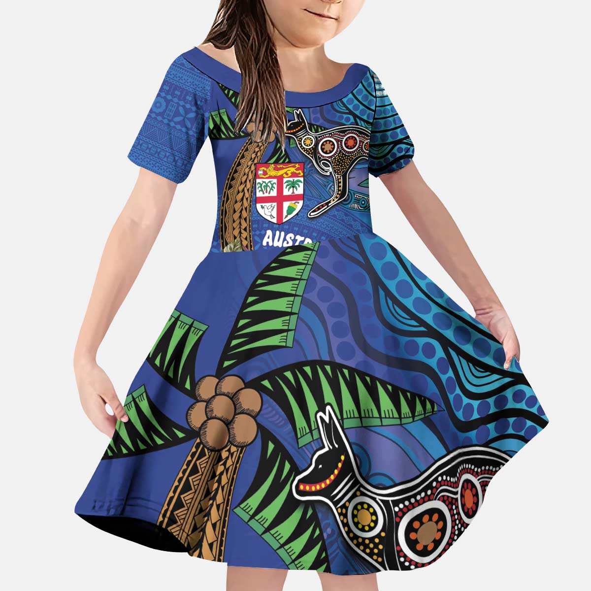 Fiji and Australia Together Kid Short Sleeve Dress Aboriginal Kangaroo and Tapa Tribal Hibiscus