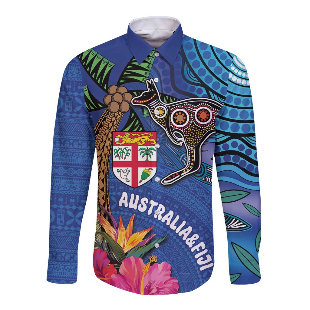 Fiji and Australia Together Long Sleeve Button Shirt Aboriginal Kangaroo and Tapa Tribal Hibiscus