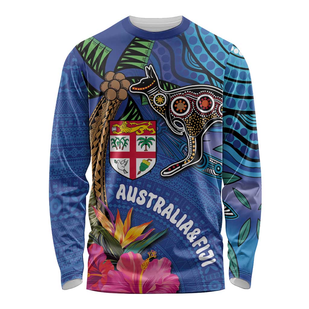 Fiji and Australia Together Long Sleeve Shirt Aboriginal Kangaroo and Tapa Tribal Hibiscus