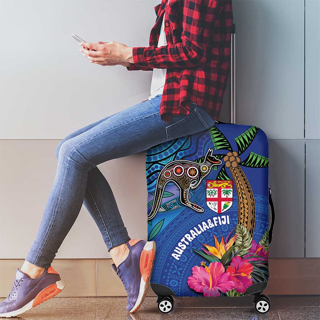 Fiji and Australia Together Luggage Cover Aboriginal Kangaroo and Tapa Tribal Hibiscus