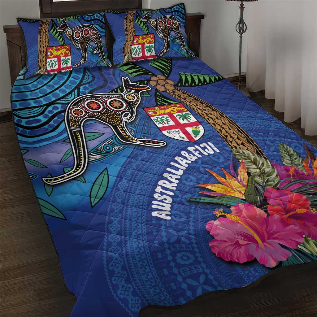 Fiji and Australia Together Quilt Bed Set Aboriginal Kangaroo and Tapa Tribal Hibiscus