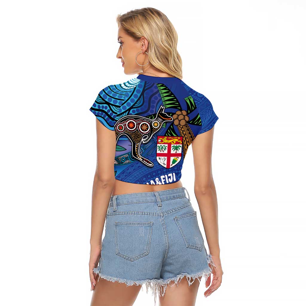 Fiji and Australia Together Raglan Cropped T Shirt Aboriginal Kangaroo and Tapa Tribal Hibiscus