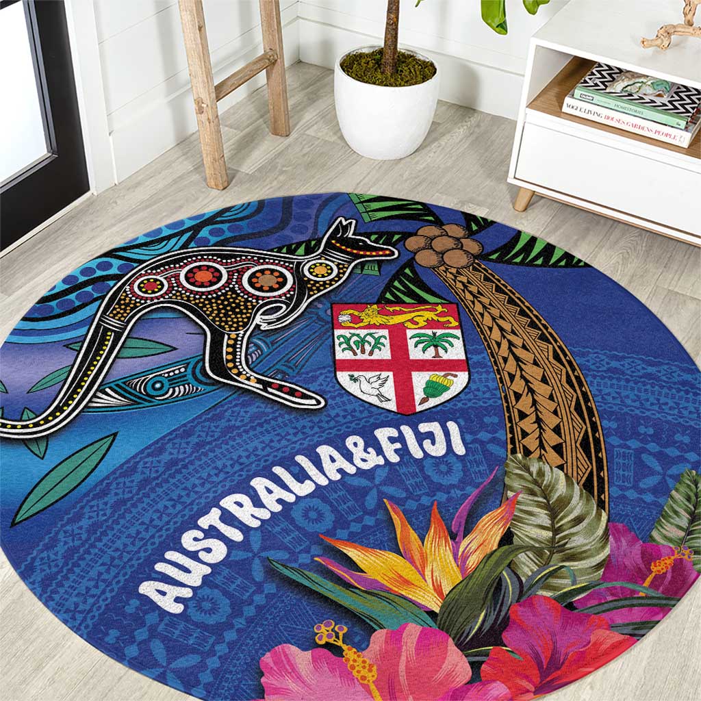 Fiji and Australia Together Round Carpet Aboriginal Kangaroo and Tapa Tribal Hibiscus