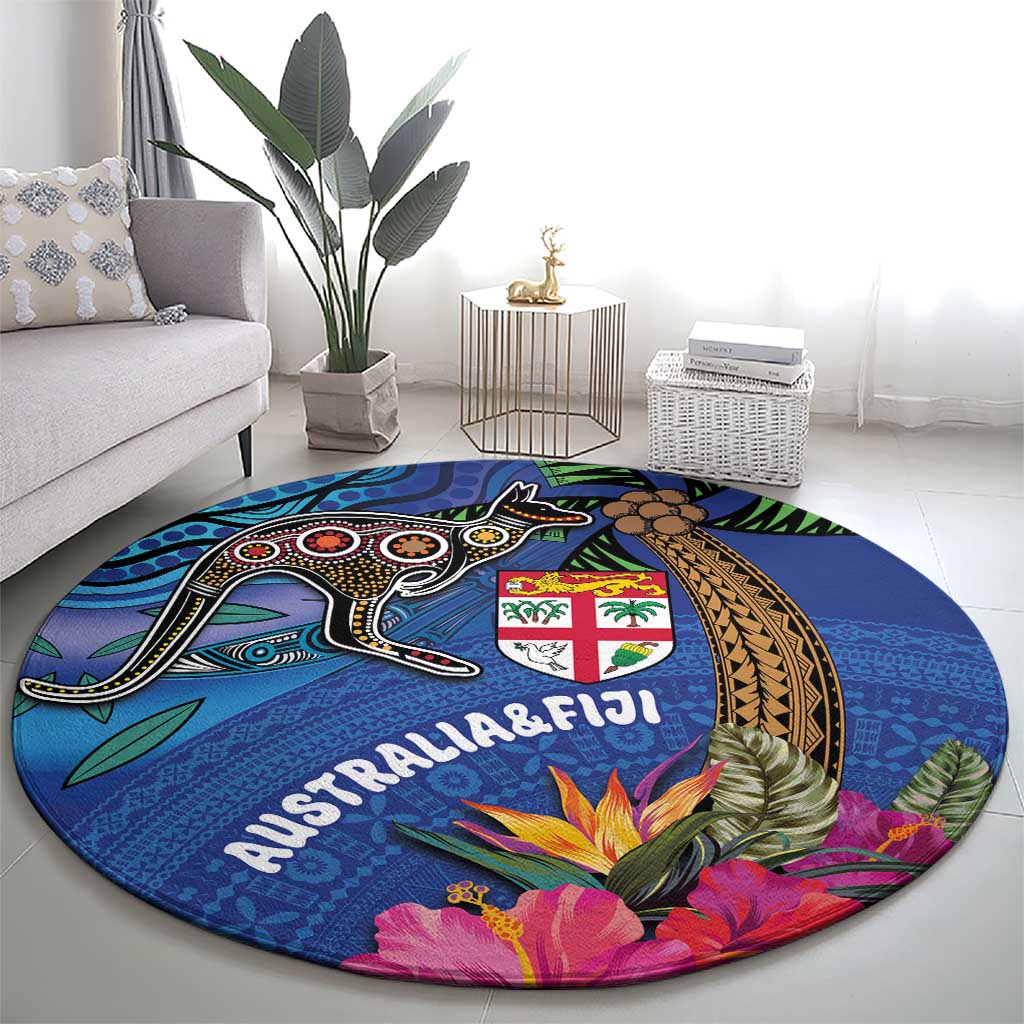Fiji and Australia Together Round Carpet Aboriginal Kangaroo and Tapa Tribal Hibiscus