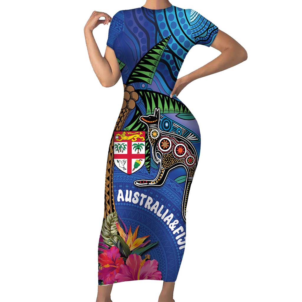 Fiji and Australia Together Short Sleeve Bodycon Dress Aboriginal Kangaroo and Tapa Tribal Hibiscus