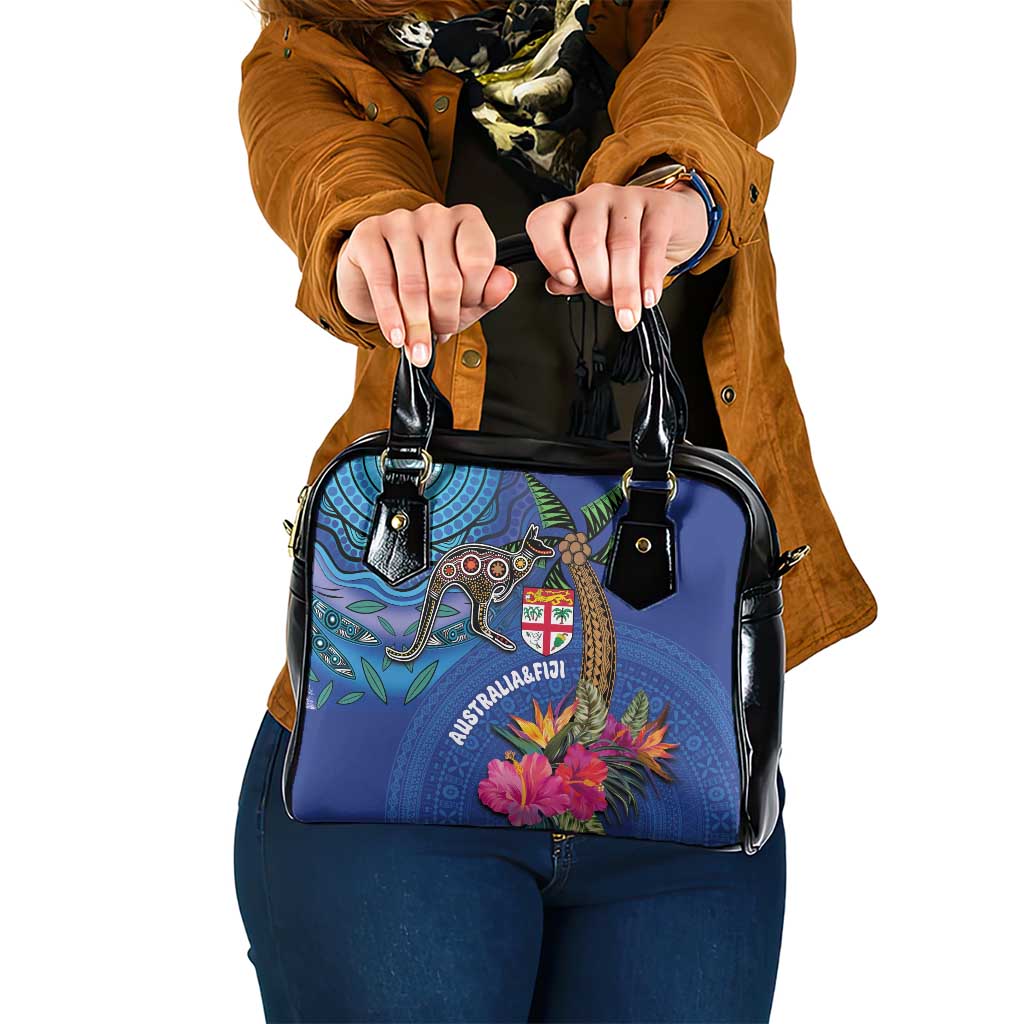 Fiji and Australia Together Shoulder Handbag Aboriginal Kangaroo and Tapa Tribal Hibiscus