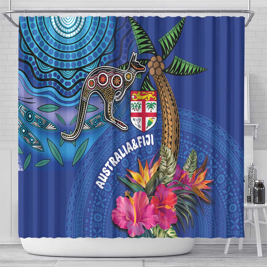 Fiji and Australia Together Shower Curtain Aboriginal Kangaroo and Tapa Tribal Hibiscus
